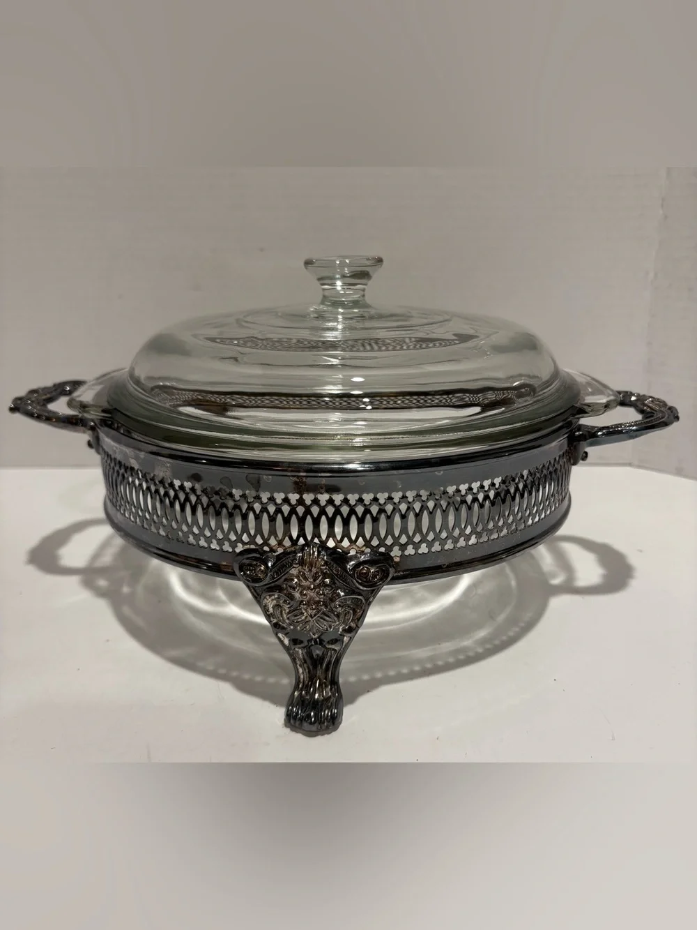 Leonard Vintage Glass Covered Serving Dish with Silver Filigree Stand